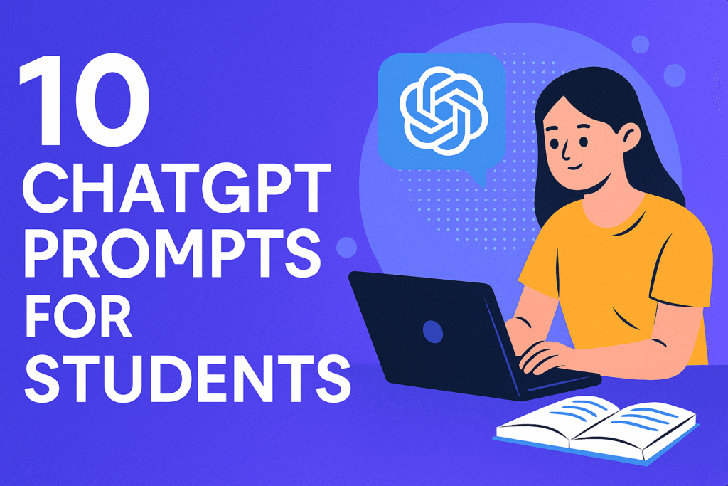 Illustration of a student using ChatGPT to study with a laptop and books